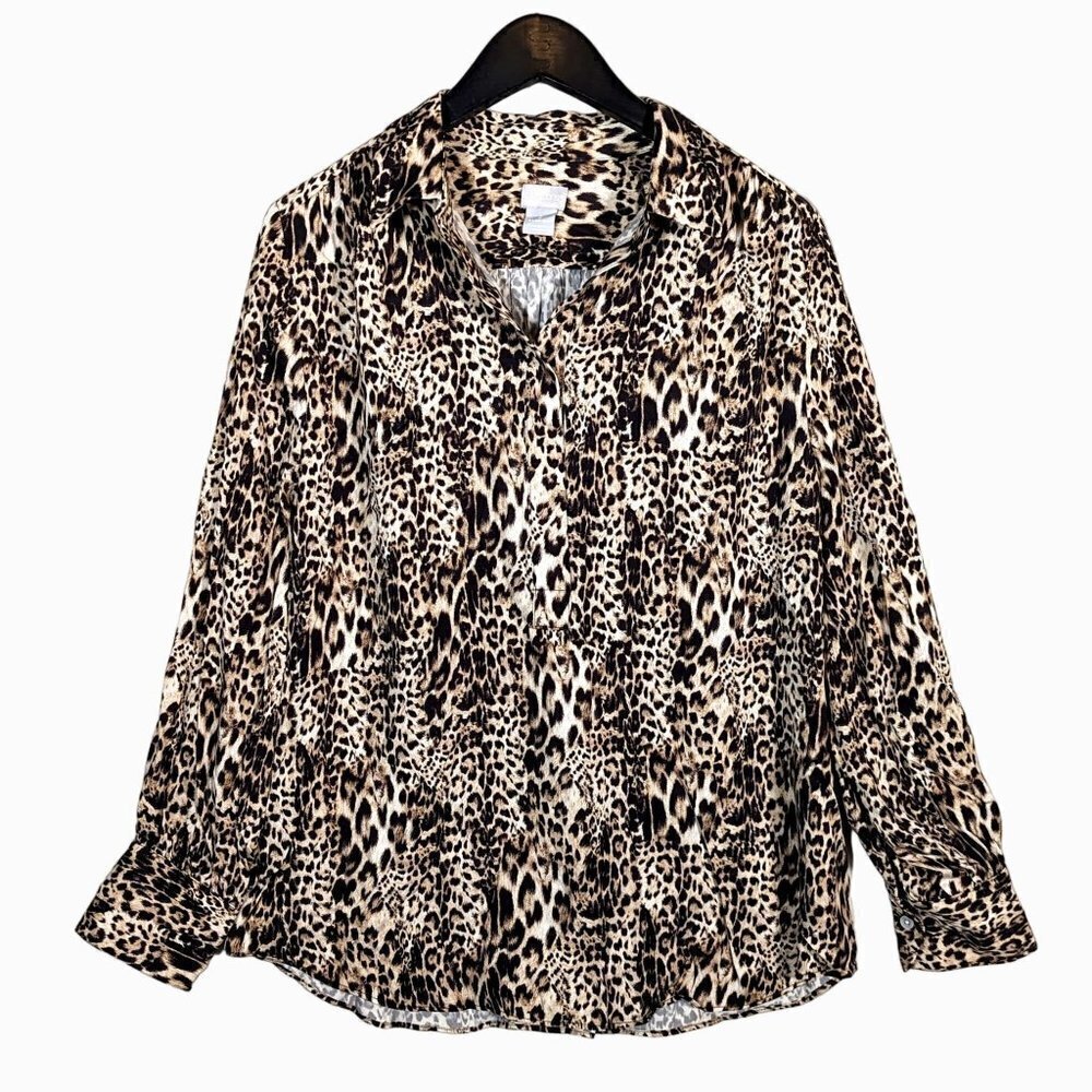 Chico's Sz 2 (US 12-14) Leopard Print MODAL Collared Career Blouse Shirt Stretch